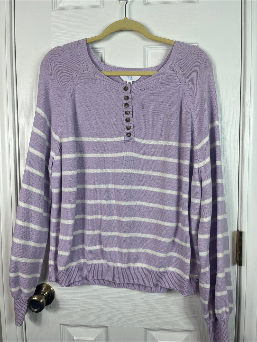 Time and Tru lavender/white stripes long sleeved sweater size XXL. Button detail